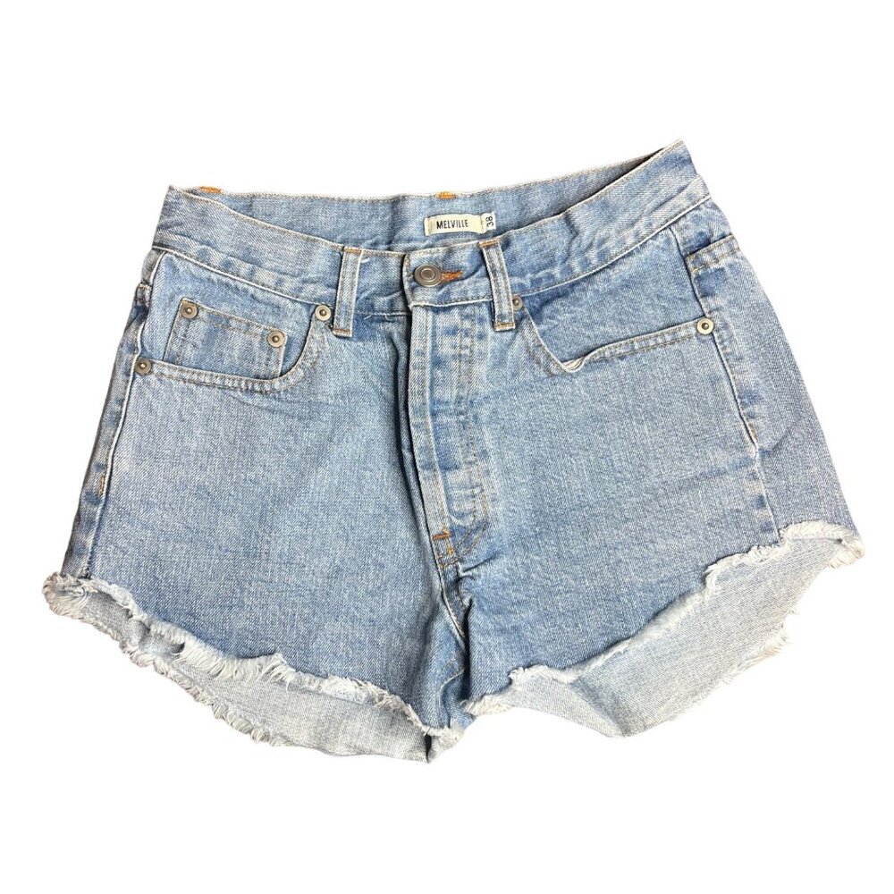 MELVILLE Light Wash Midrise Denim Shorts Button Fly Raw Hem 2.5" Inseam 26 Waist